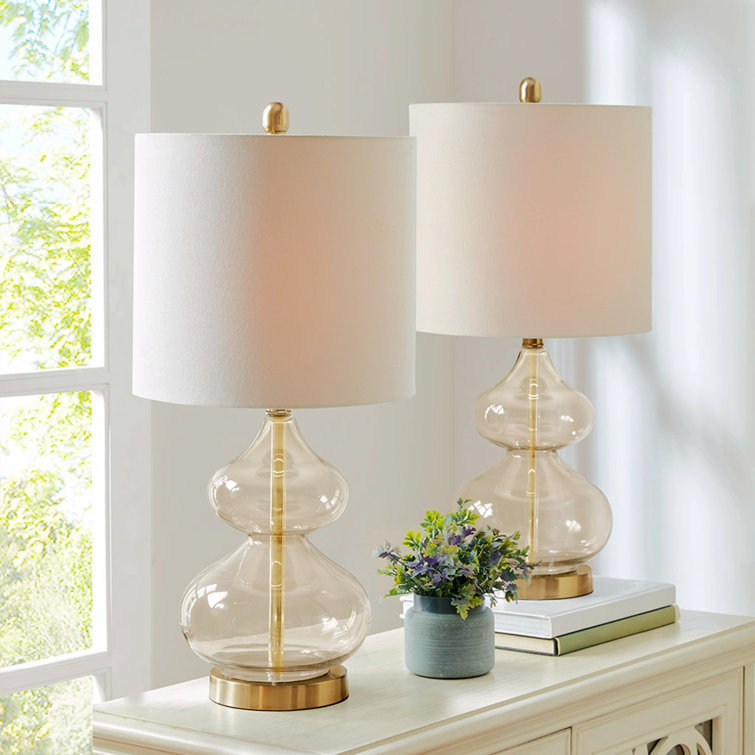 Gold Gourd Shape Glass Table Lamp Set with Drum Shade