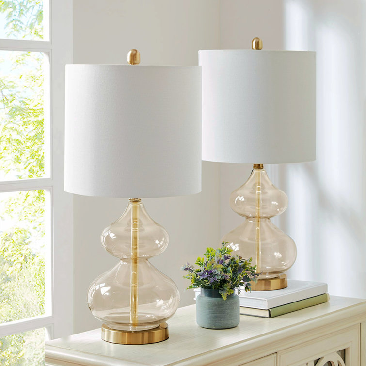 Gold Gourd Shape Glass Table Lamp Set with Drum Shade