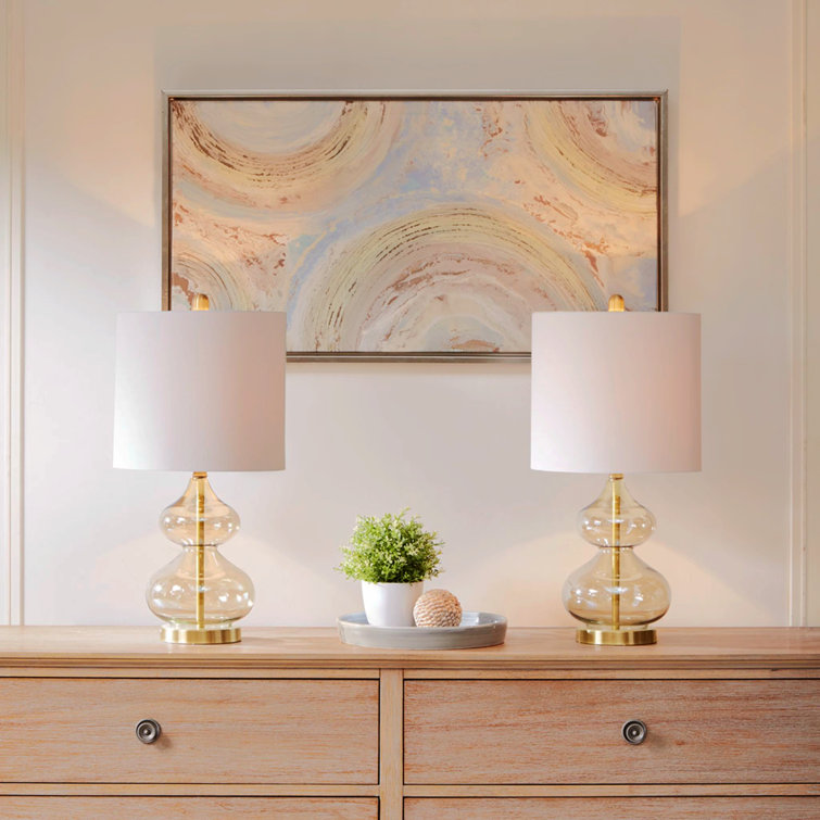 Gold Gourd Shape Glass Table Lamp Set with Drum Shade