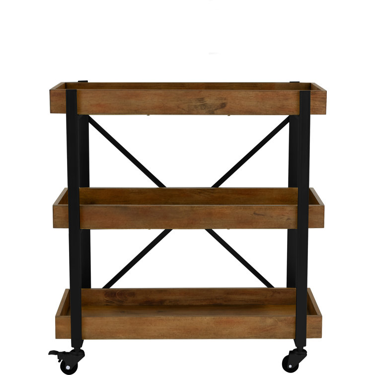 Riley Modern 3-Tier Rolling Bar Cart with Matte Black and Medium Brown Wood Finish