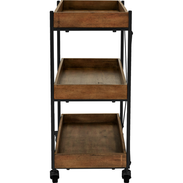 Riley Modern 3-Tier Rolling Bar Cart with Matte Black and Medium Brown Wood Finish