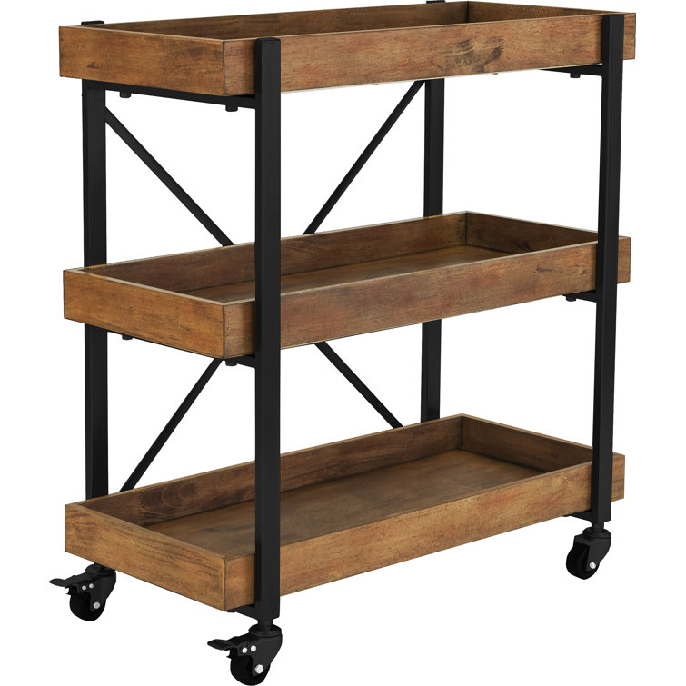 Riley Modern 3-Tier Rolling Bar Cart with Matte Black and Medium Brown Wood Finish