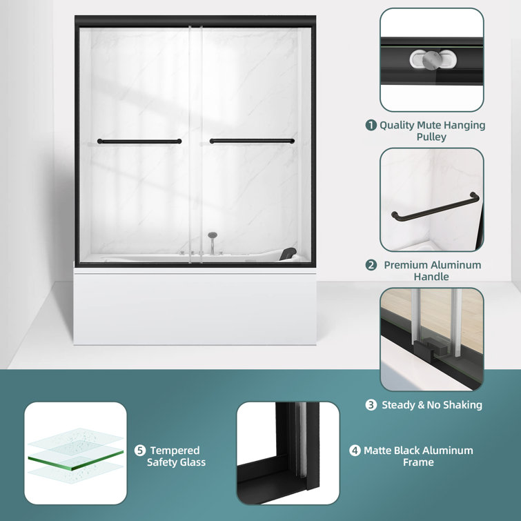 Black Aluminum and Tempered Glass Double Sliding Tub Door