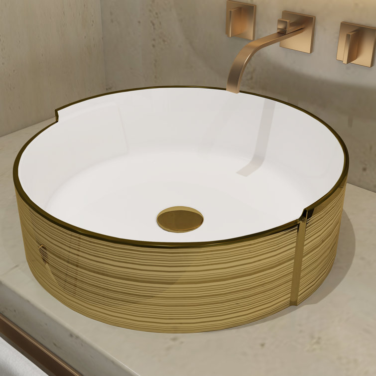 Luxury Golden Stripes Ceramic Round Vessel Sink with Pop-Up Drain