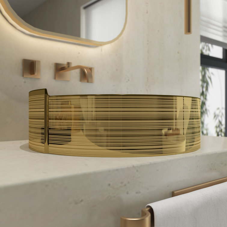 Luxury Golden Stripes Ceramic Round Vessel Sink with Pop-Up Drain