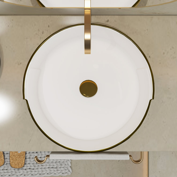 Luxury Golden Stripes Ceramic Round Vessel Sink with Pop-Up Drain