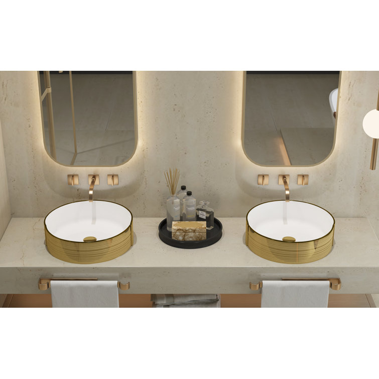 Luxury Golden Stripes Ceramic Round Vessel Sink with Pop-Up Drain