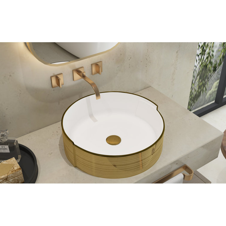 Luxury Golden Stripes Ceramic Round Vessel Sink with Pop-Up Drain