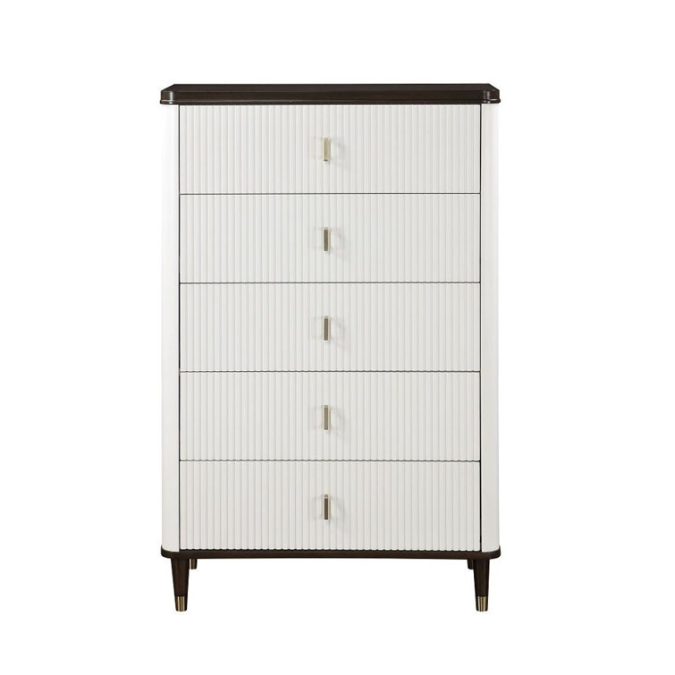 White and Brown Solid Wood Tall Dresser with Metal Accents