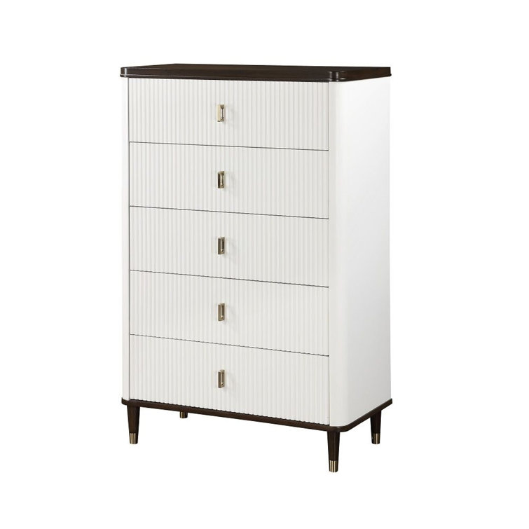 White and Brown Solid Wood Tall Dresser with Metal Accents