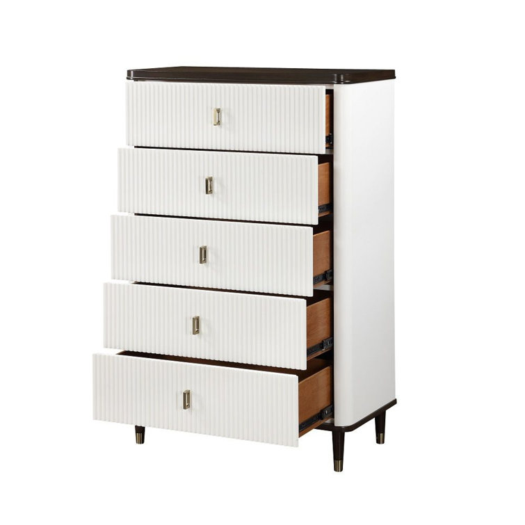 White and Brown Solid Wood Tall Dresser with Metal Accents