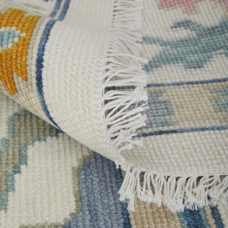 Hand Knotted Blue Wool Rectangular Area Rug with Cotton Backing