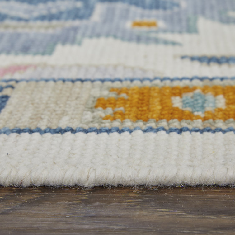 Hand Knotted Blue Wool Rectangular Area Rug with Cotton Backing