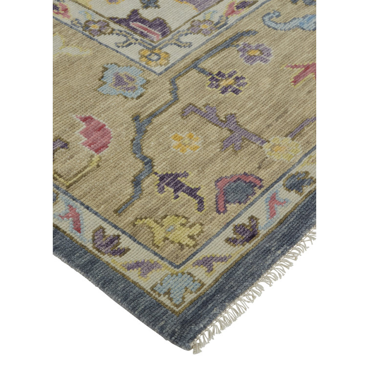 Karina Blue and Beige Floral Wool Runner Rug