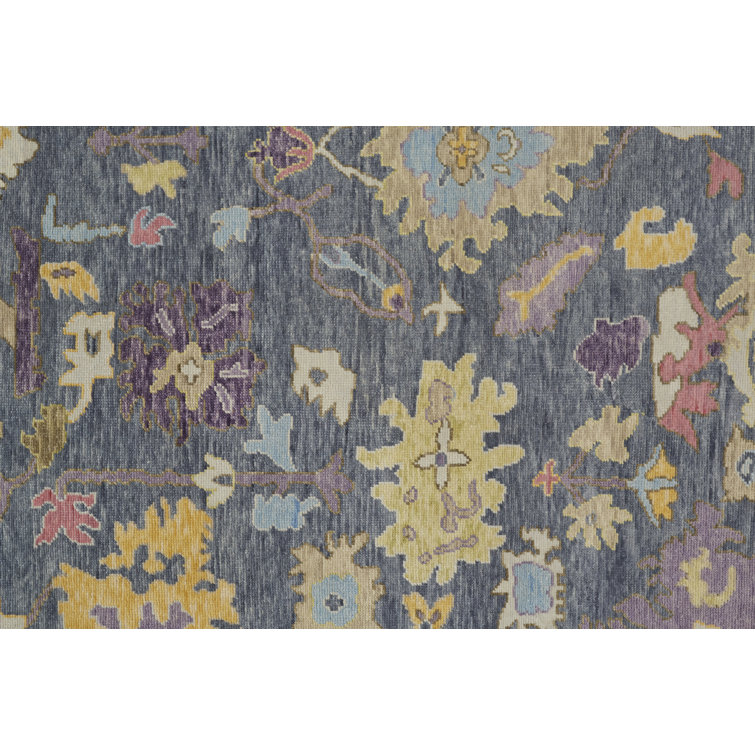 Karina Blue and Beige Floral Wool Runner Rug