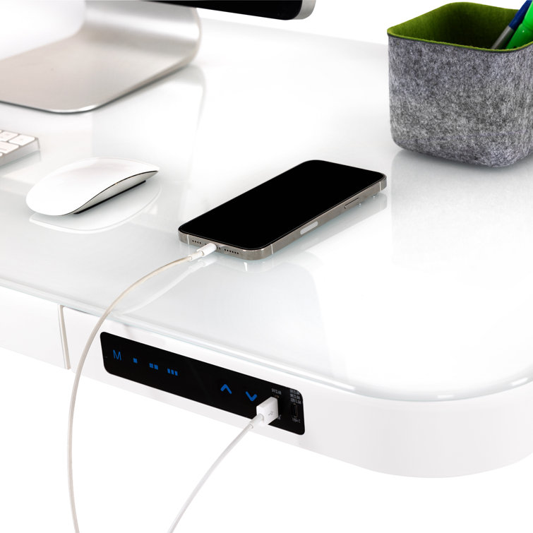 White Adjustable Height Glass Standing Desk with USB Ports and Drawer