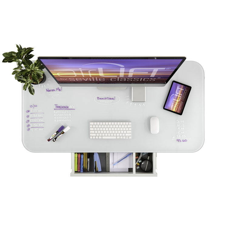 White Adjustable Height Glass Standing Desk with USB Ports and Drawer