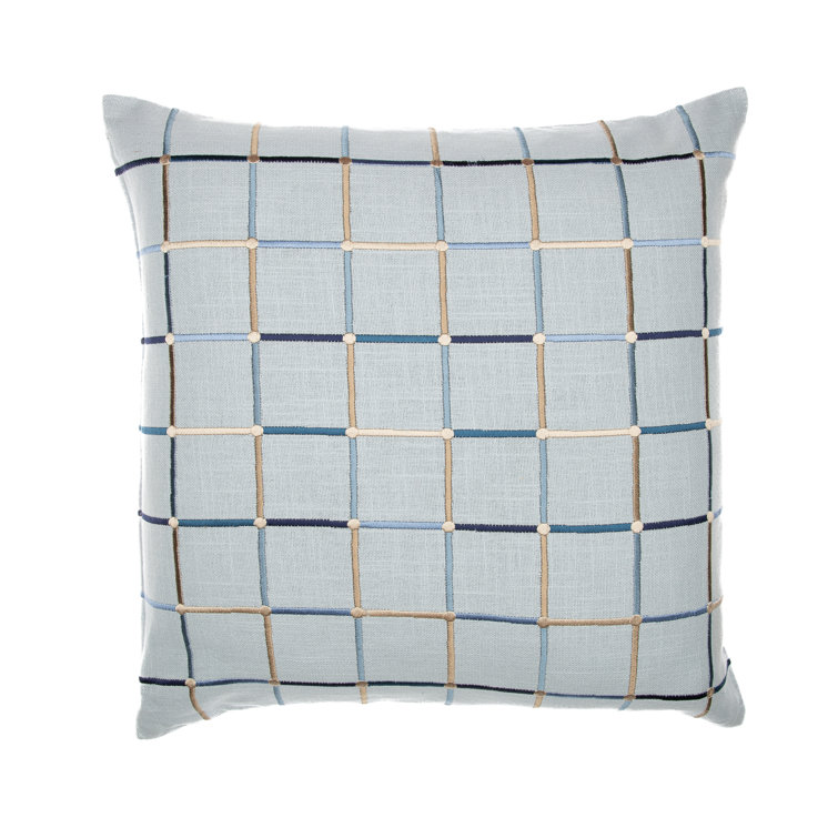 Blue and Ivory Embroidered Cotton Blend Square Throw Pillow