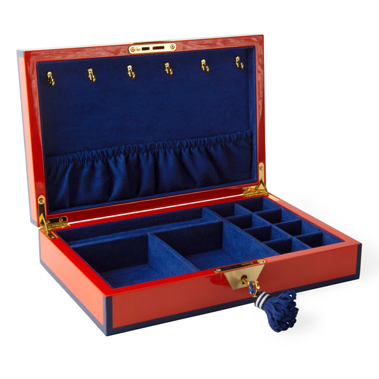 Orange and Navy Wood and Brass Locking Jewelry Box