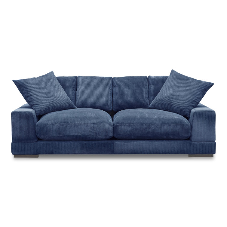 Blue Corduroy Polyester Sofa with Square Arms and Ottoman