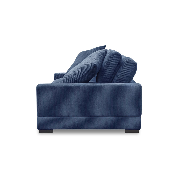 Blue Corduroy Polyester Sofa with Square Arms and Ottoman