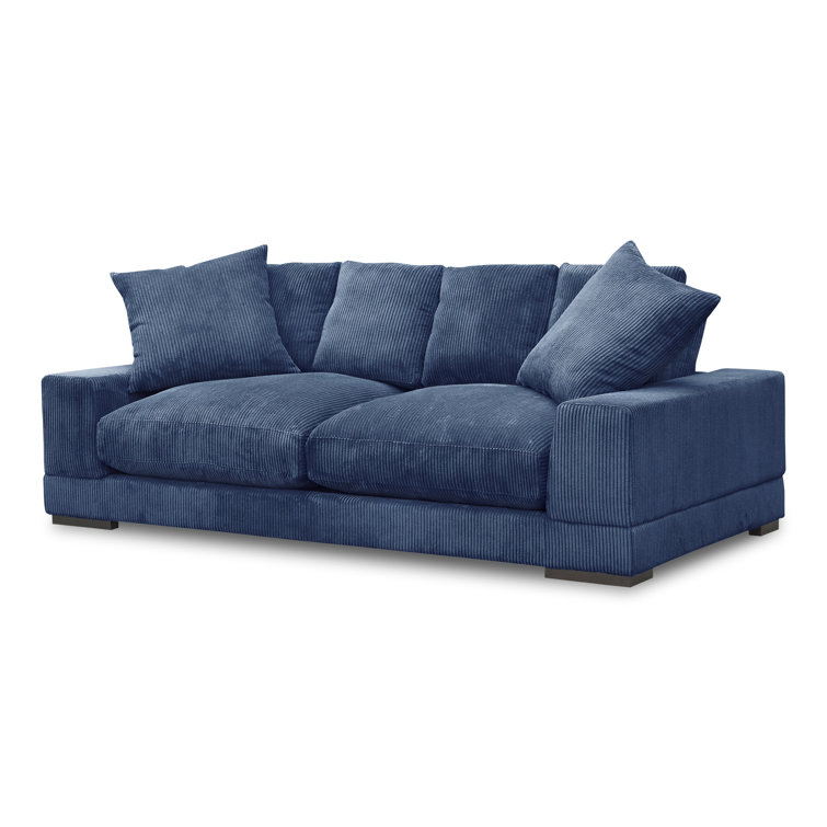 Blue Corduroy Polyester Sofa with Square Arms and Ottoman