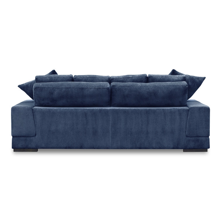 Blue Corduroy Polyester Sofa with Square Arms and Ottoman
