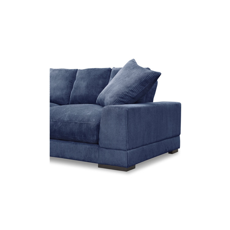 Blue Corduroy Polyester Sofa with Square Arms and Ottoman