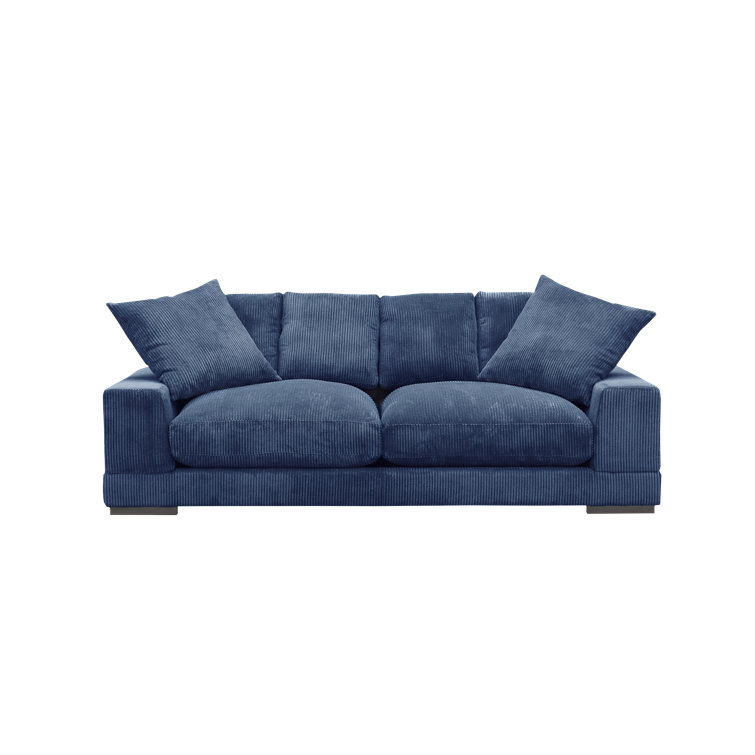 Blue Corduroy Polyester Sofa with Square Arms and Ottoman