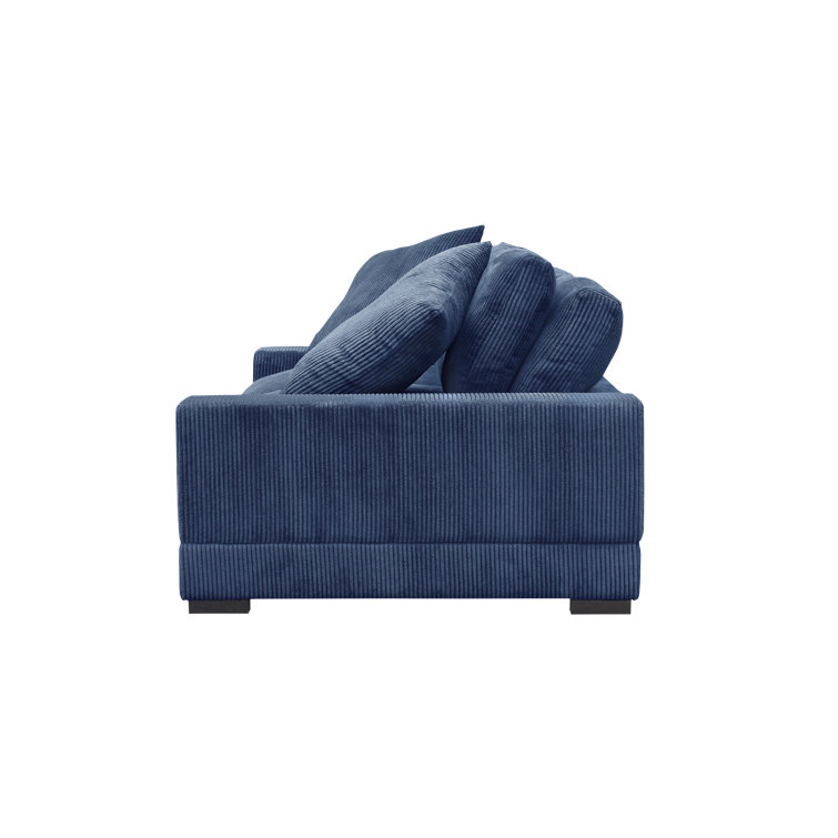 Blue Corduroy Polyester Sofa with Square Arms and Ottoman