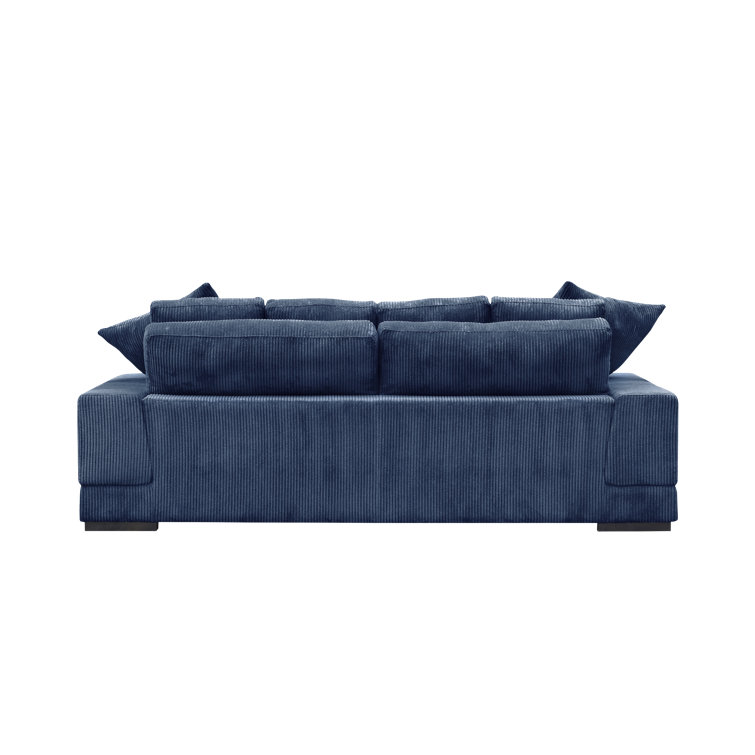 Blue Corduroy Polyester Sofa with Square Arms and Ottoman