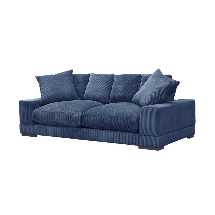 Blue Corduroy Polyester Sofa with Square Arms and Ottoman