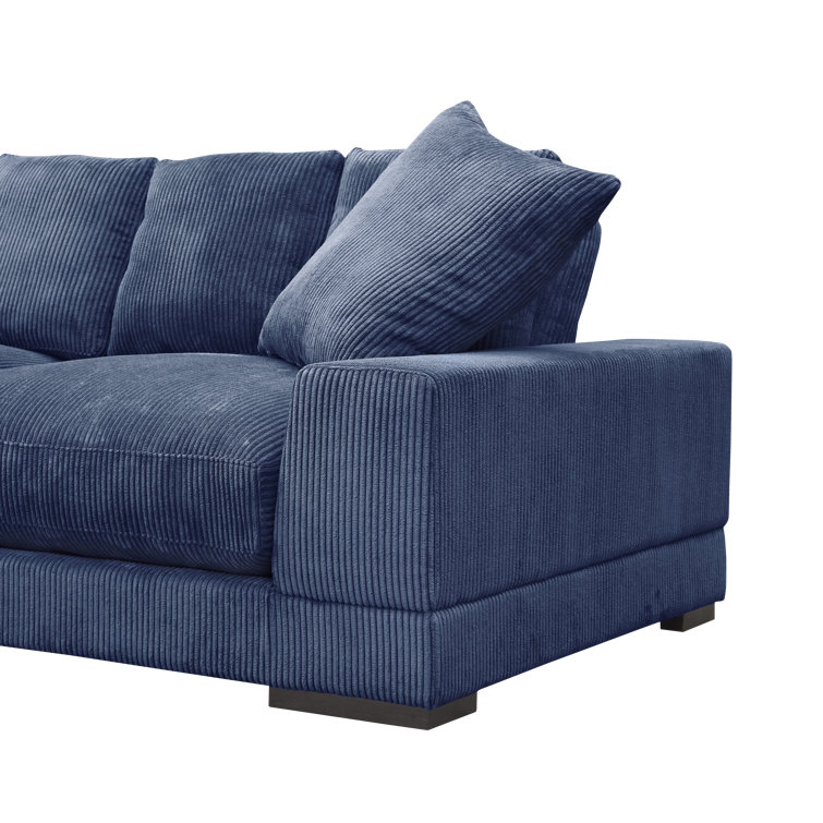 Blue Corduroy Polyester Sofa with Square Arms and Ottoman