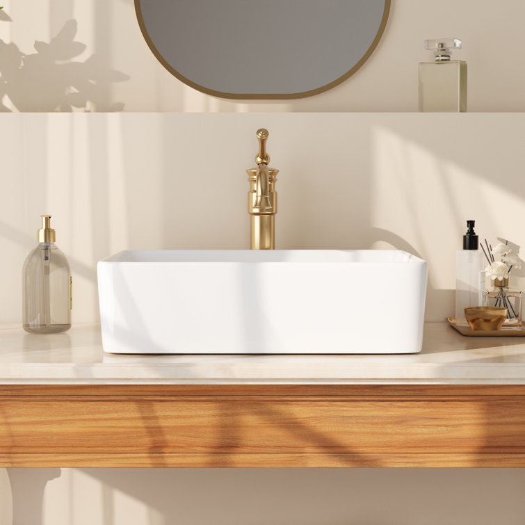 White Ceramic Rectangular Above-Counter Bathroom Vessel Sink