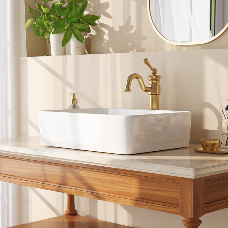 White Ceramic Rectangular Above-Counter Bathroom Vessel Sink