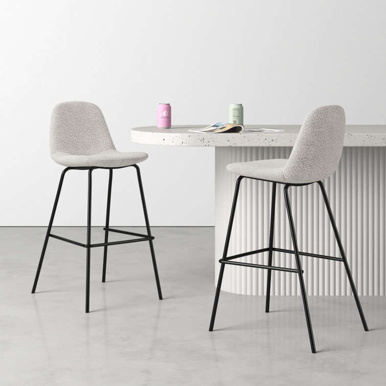 White Boucle Upholstered Counter Stools with Steel Frame, Set of 2