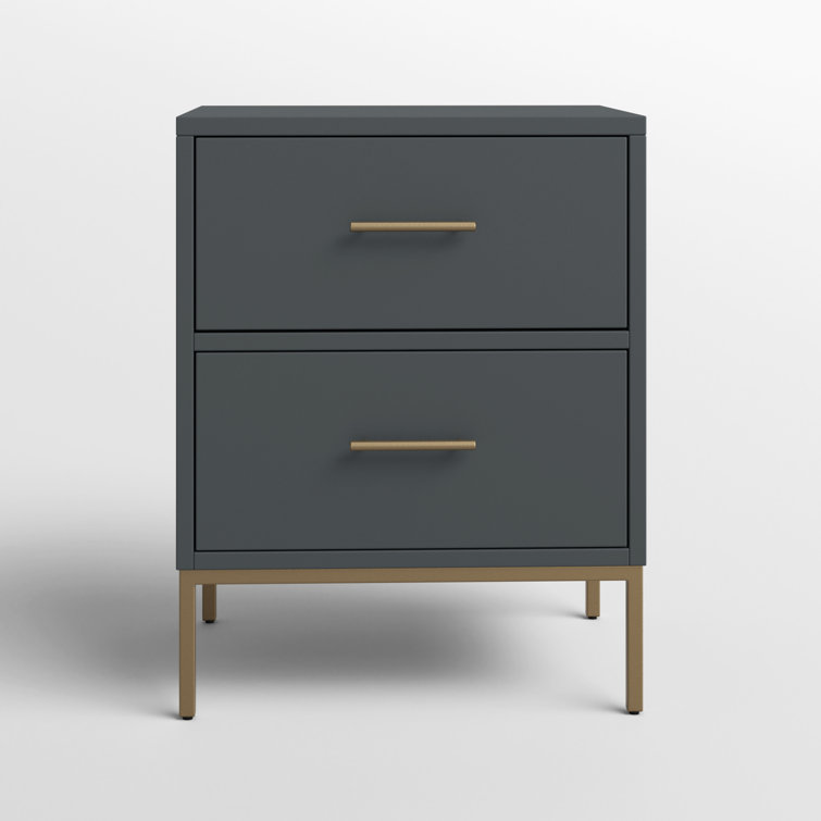 Slate Gray Mahogany 2-Drawer Nightstand with Gold Handles