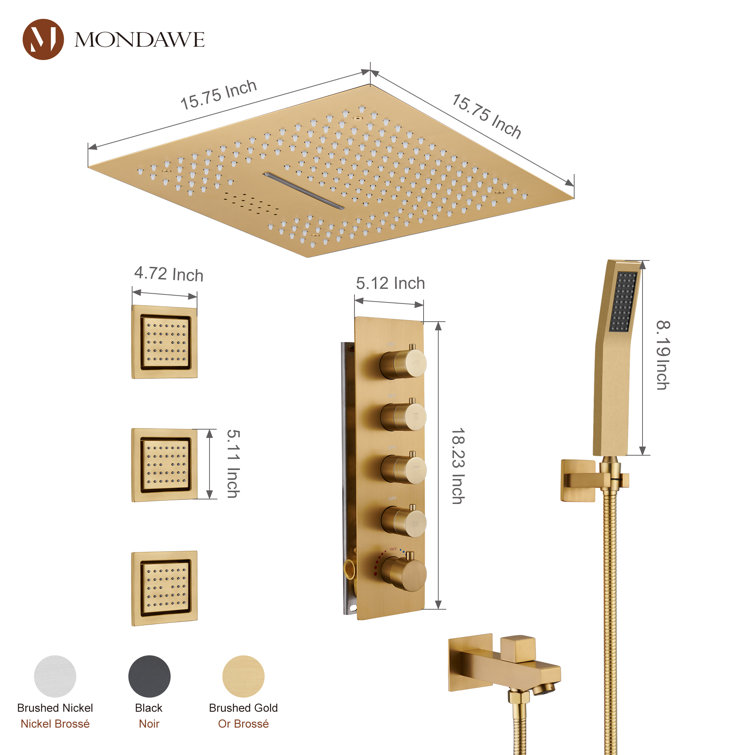 Brushed Gold LED Rain Shower System with Bluetooth Speaker