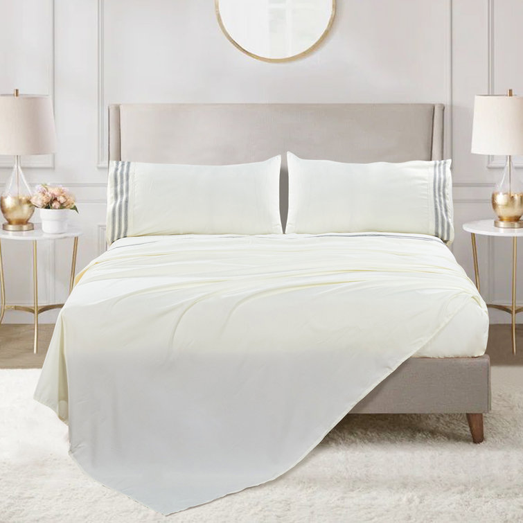 Ivory Embroidered Microfiber Full Bed Sheet Set
