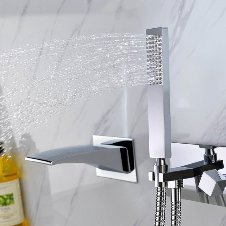 Sleek Chrome Wall-Mount Waterfall Tub Faucet with Hand Shower