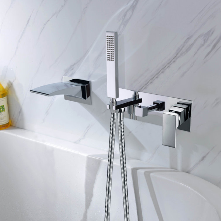 Sleek Chrome Wall-Mount Waterfall Tub Faucet with Hand Shower