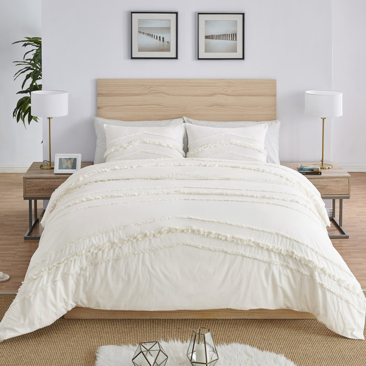 Ivory Cotton Twin/Twin XL Duvet Cover Set with Fringe