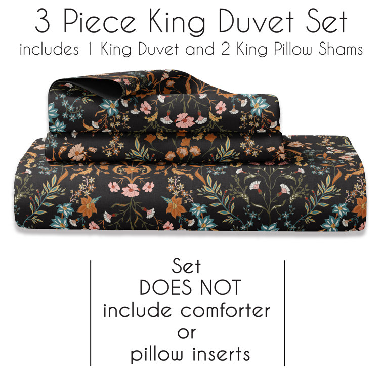 Boho Floral Black and Orange Cotton King Duvet Cover Set