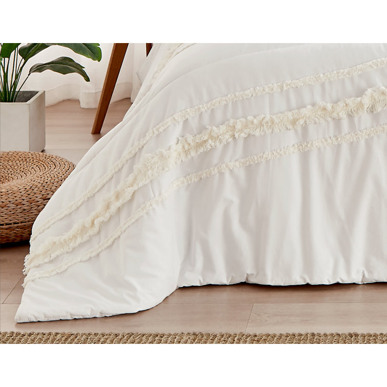 Ivory Cotton Bohemian Full Comforter Set with Fringe