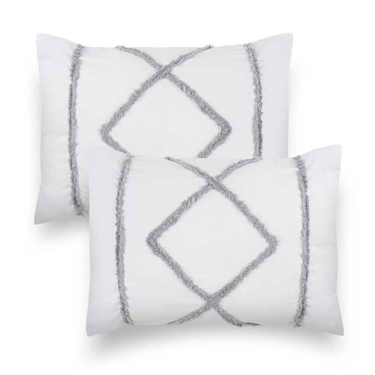 White and Grey Geometric Tufted Fringe Pillow Sham Set