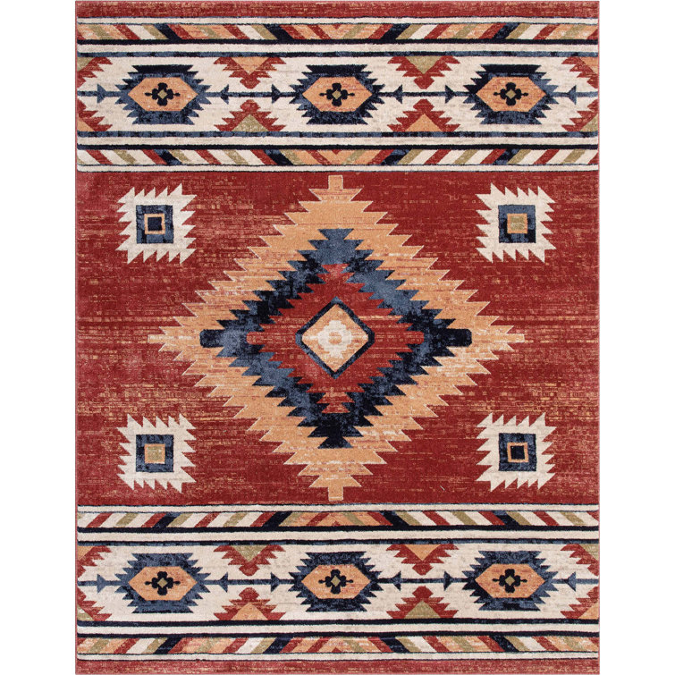 Crimson and Blue Southwestern Tribal Area Rug, 7'10" x 9'10"
