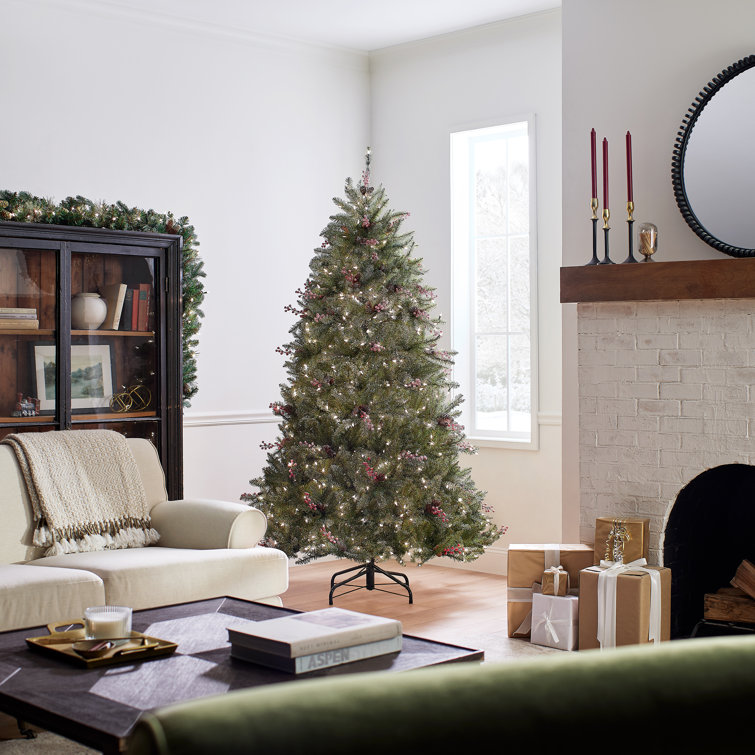 Frosted Dunhill Fir 7' White Lighted Outdoor Christmas Tree with Berries & Cones