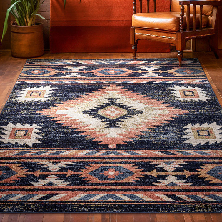 Blue and Beige Southwestern Synthetic Area Rug 6'7" x 9'3"