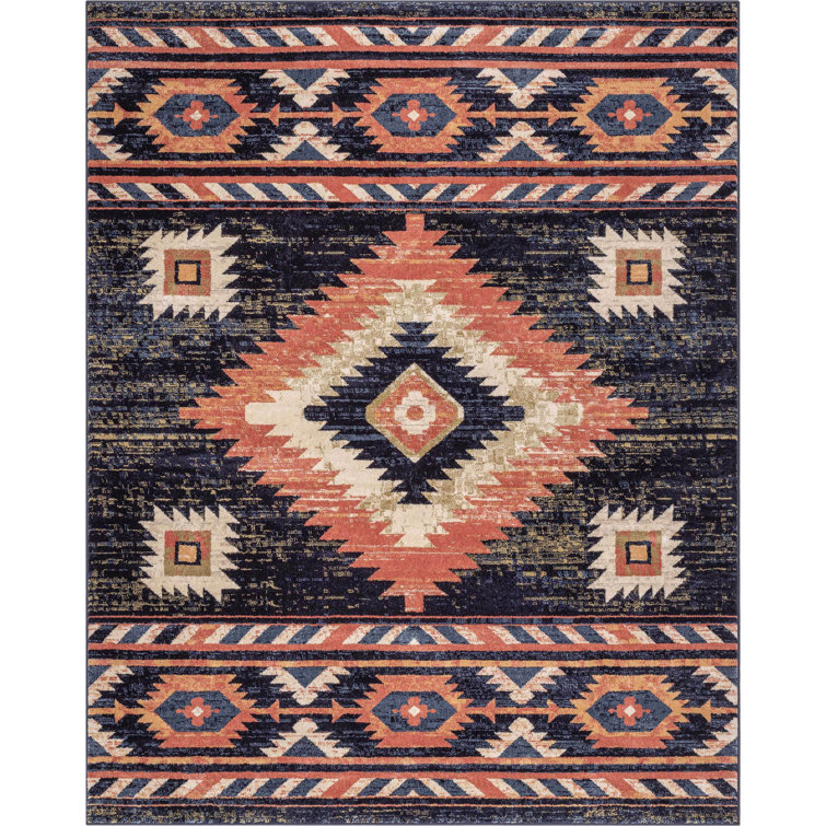 Blue and Beige Southwestern Synthetic Area Rug 6'7" x 9'3"