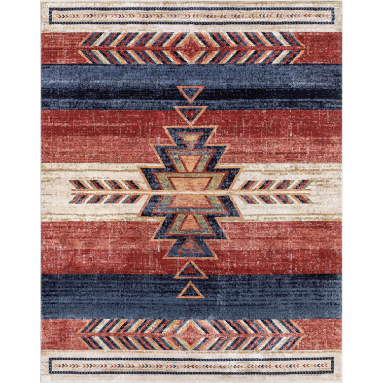Crimson and Blue Southwestern Synthetic Area Rug, 9' x 12'